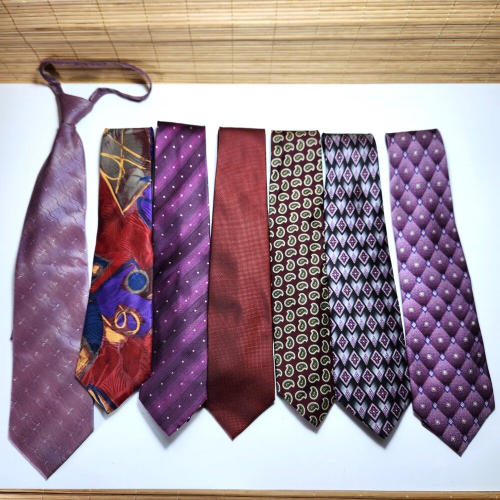 Lot of Seven Neckties Men's Purples and Reds Silk and Polyester Various Patterns
